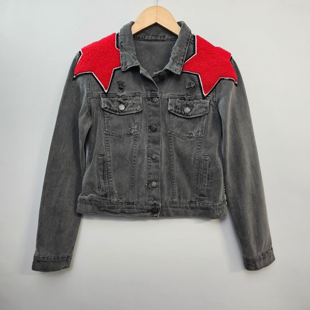 Carmar LF Charcoal Gray Faded Black Denim Jacket Red Star Patches M Distressed - Picture 11 of 11
